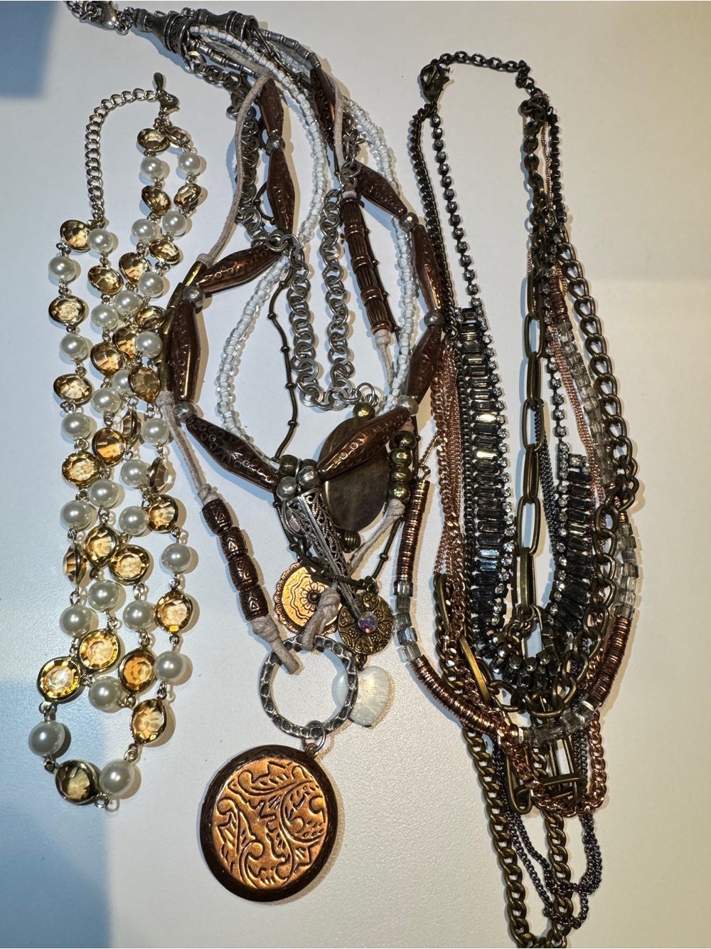 Vintage Signed Copper Mixed Metal and Pearl Multi-Strand Necklaces lot